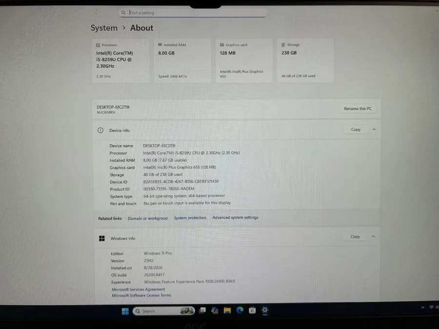 SSD-накопитель Intel NUC8i5BEH Mini PC i5-8259U 8GB RAM 256GB SSD Windows 11 Pro