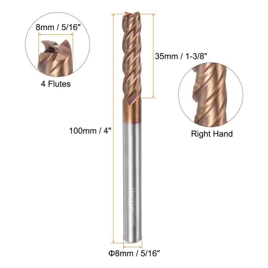 Режущий инструмент Carbide Square End Mill 8mmx35mmx8mmx100mm TiSiN Coated 4 Flu
