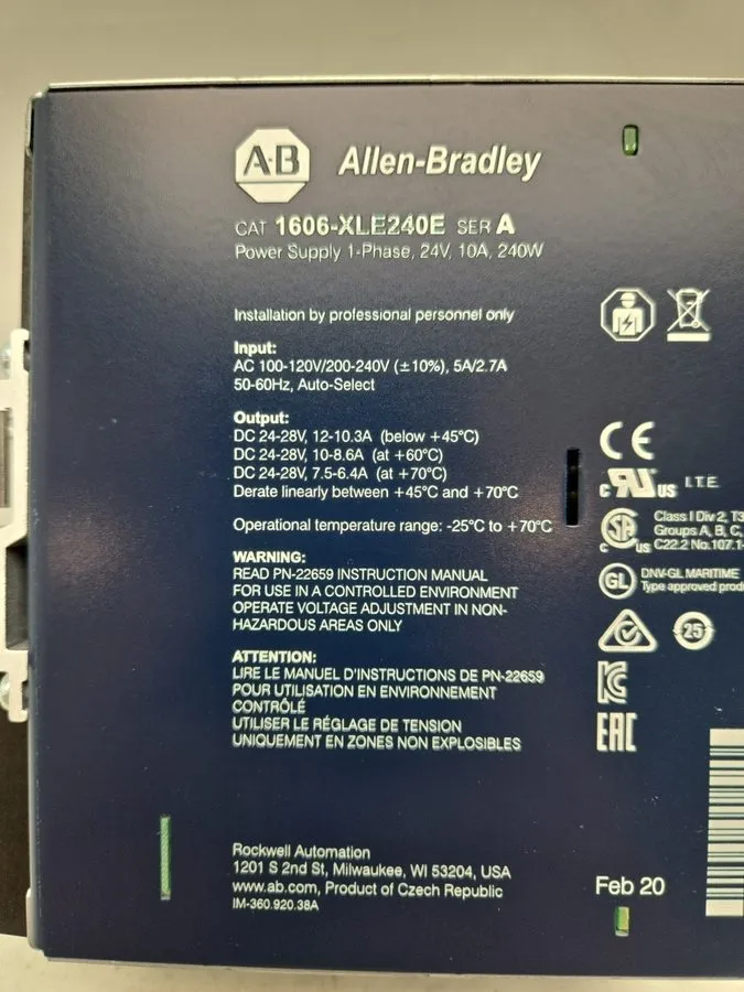 Блок питания Allen-Bradley 1606-XLE240E Ser A 24VDC 10A 240W DIN Rail Power Supp