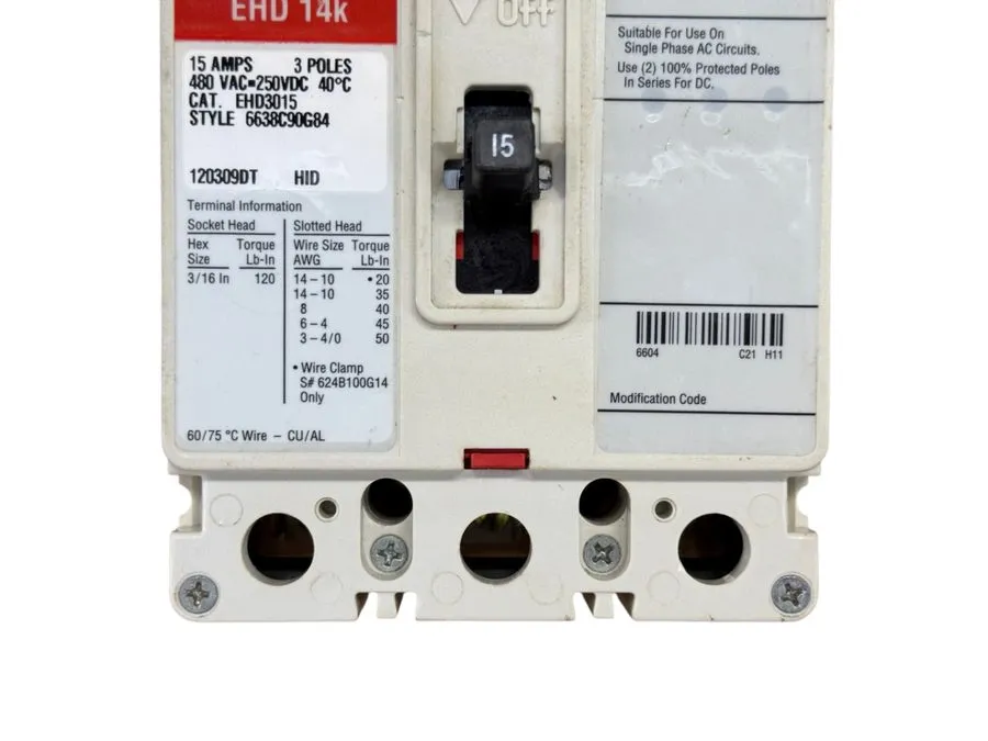 Автоматический выключатель EATON CUTLER HAMMER EHD3015 15A 3-POLE 480V F-FRAME C
