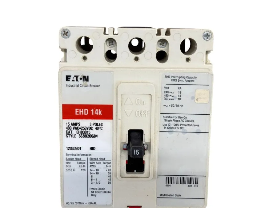 Автоматический выключатель EATON CUTLER HAMMER EHD3015 15A 3-POLE 480V F-FRAME C — фото лота 2