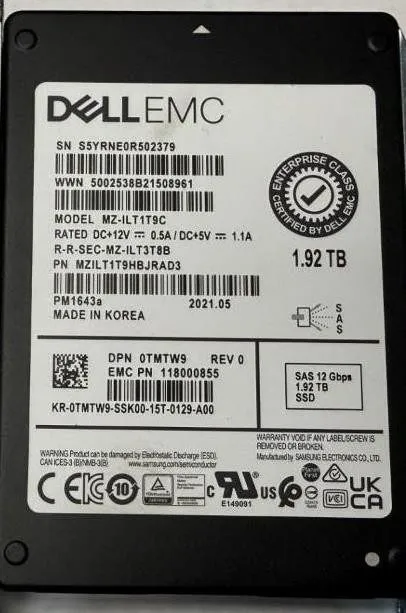 SSD-накопитель DELL Samsung PM1643a 1.92TB SAS SSD Solid State Drive MZ-ILT1T9C 