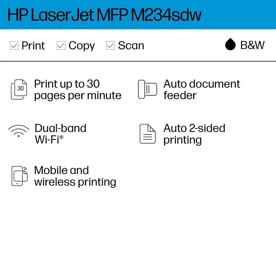 Лазерный принтер HP LaserJet M234sdw Wireless Black & White All-in-One Laser Pri