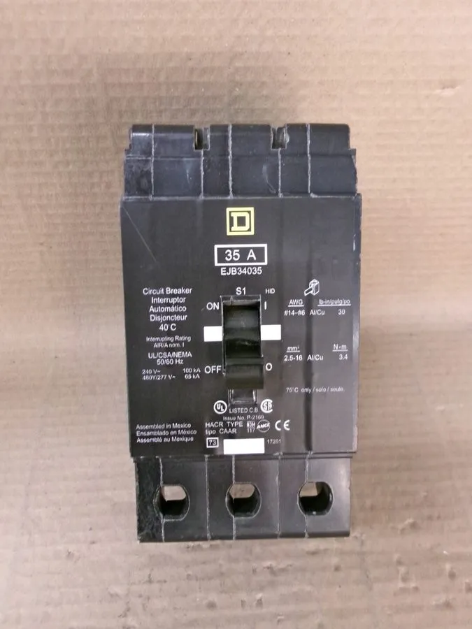 Автоматический выключатель EJB34035 SQUARE D 3 POLE 35 AMP 480V BOLT-ON CIRCUIT 