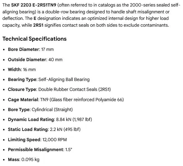 Подшипник 1X SKF 2203 E-2RS1TN9 self regulating ball bearing