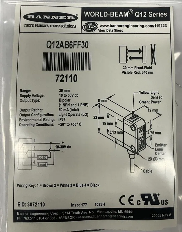 Фотоэлектрический датчик BANNER Q12AB6FF30 Photoelectric Sensor 72110