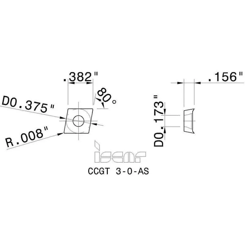Режущий инструмент Iscar CCGT3-0 AS IC20 Carbide Turning Insert, 80� Diamond