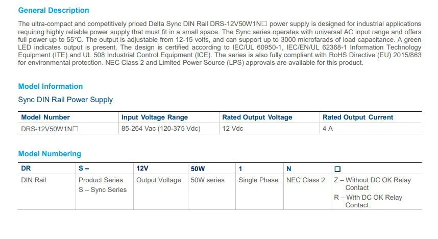 Блок питания Delta DRS-12V50W1NZ Sync 48W 12V 4A DIN Rail Power Supply NEC Class — фото лота 2
