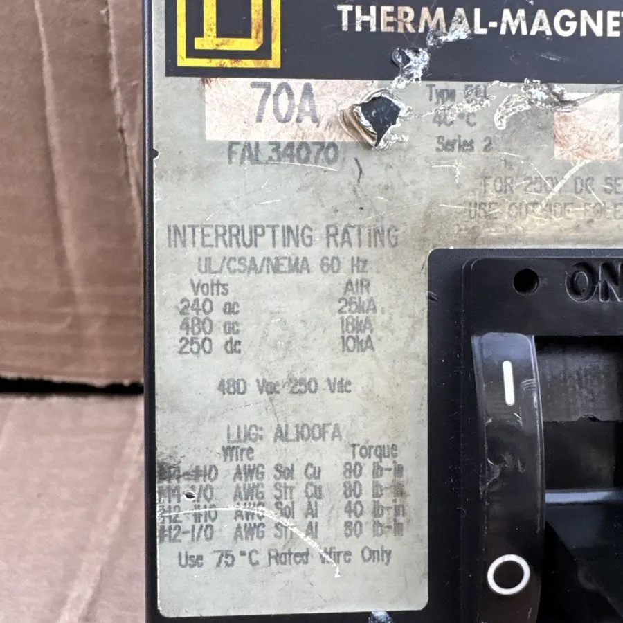 Автоматический выключатель SQUARE D FAL34070 70 AMP 480V 3 POLE CIRCUIT BREAKER 