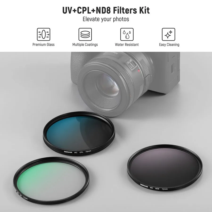 Объектив NEEWER 77mm UV/CPL/ND Filter Kit, Polarizing+ND8, Multicoated Glass, Sl — фото лота 1