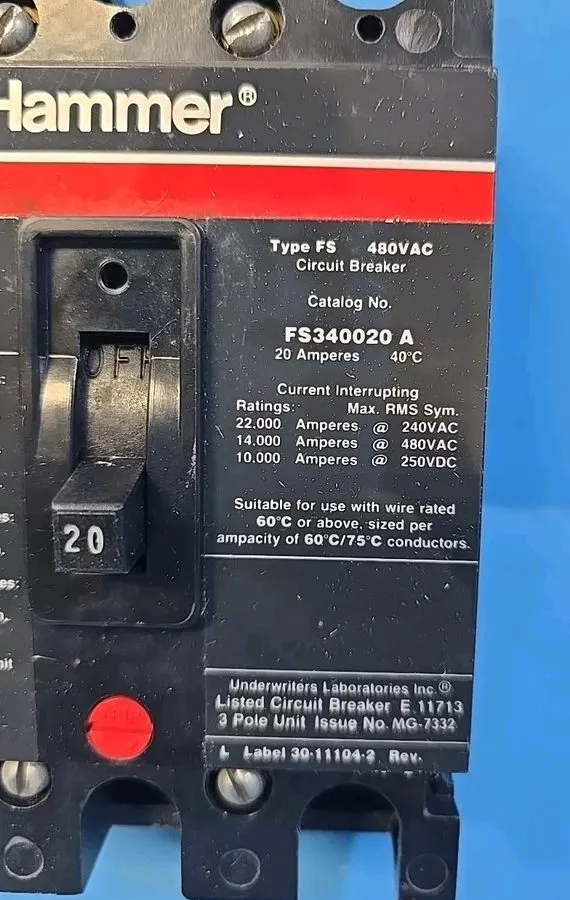 Автоматический выключатель Eaton Cutler Hammer FS340020A 20 Amp 3 Pole 480V FS C