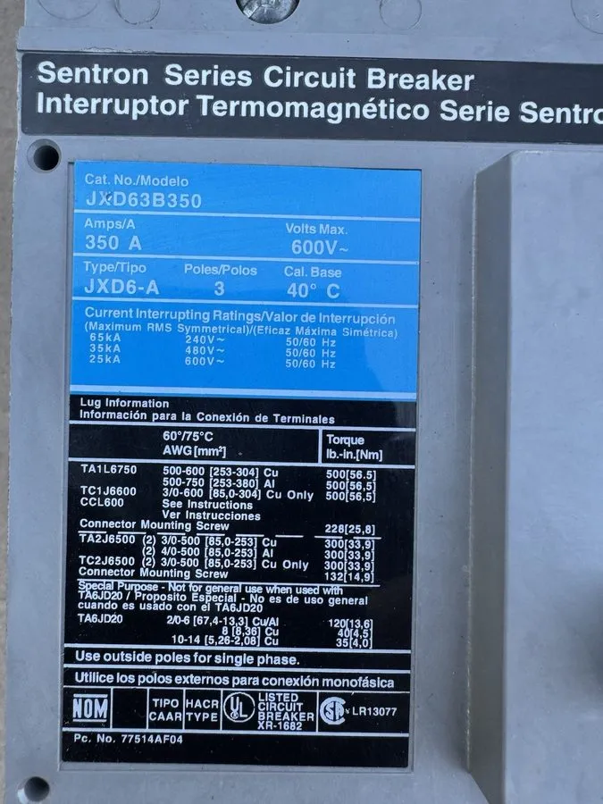 Автоматический выключатель SIEMENS SENTRON CIRCUIT BREAKER JXD63B400 400 AMP 3-P