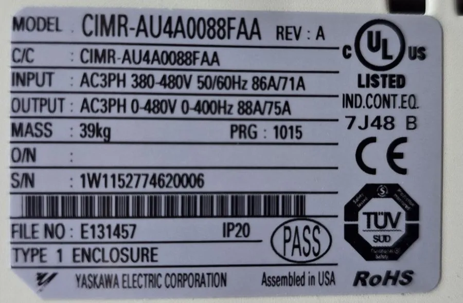 Частотный преобразователь Yaskawa CIMR-AU4A0088FAA REV A A1000 60HP 380-480V 3PH