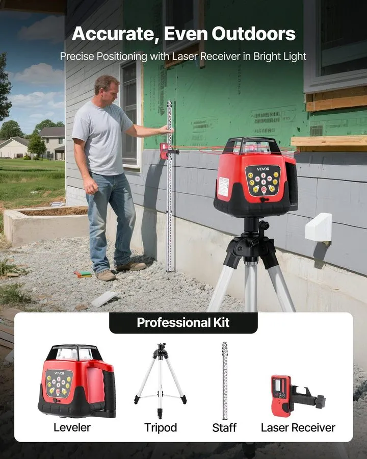 Нивелир Rotary Laser Level Kit: IP66, 1650ft, 360°, 0.8in/100ft, Tripod, Receive — фото лота 1