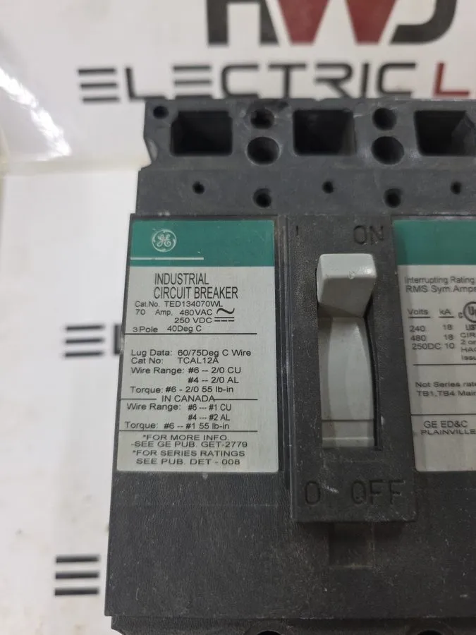 Автоматический выключатель TED134070WL GENERAL ELECTRIC 70 AMP 480V 3 POLE CIRCU — фото лота 1