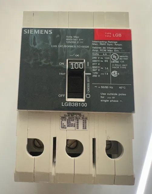 Автоматический выключатель Siemens LGB3B100B 3 Pole 480V Circuit Breaker Bolt-On