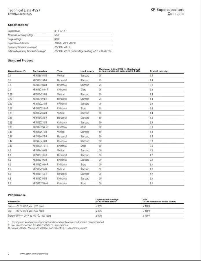 СХД KR-5R5C155-R EATON 1.5F 5.5V Coin Cell Supercap ( 21.5 X 7.1mm ) Radial — фото лота 2