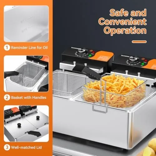 Фритюрница Commercial Deep Fryer with Basket, 3400W 20.7Qt Dual Tank Deep Fryer 