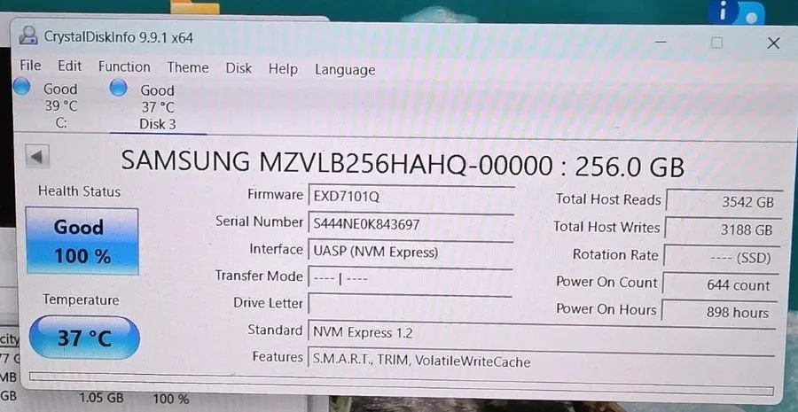 SSD-накопитель 512GB NVMe PCIe M.2 2280 SSD Samsung PM981 94% 97% Health