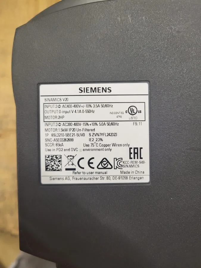 Частотный преобразователь Siemens 6SL3210-5BE21-5UV0 SINAMICS V20 1.5kW VFD Freq
