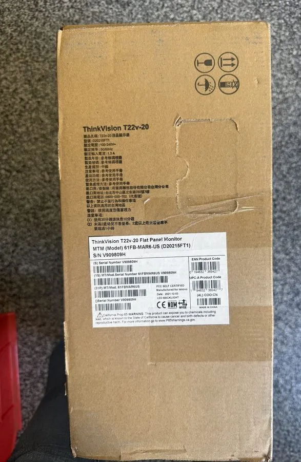 Монитор LENOVO THINKVISION T22V-20 21.5" MONITOR MTM 61FB-MAR6-US SP40W81723 — фото лота 1