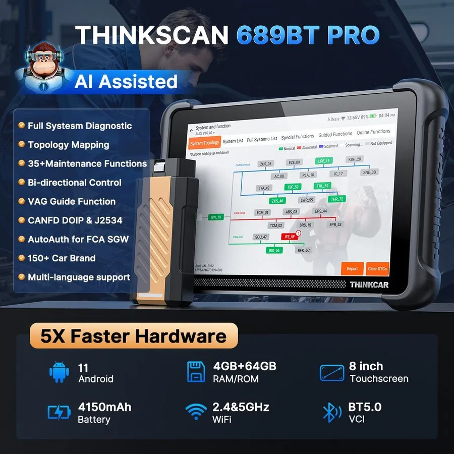 Видеоэндоскоп ThinkScan 689BT PRO OBD2 Diagnostic Topology Map Tkey 101 + Tes102 — фото лота 1