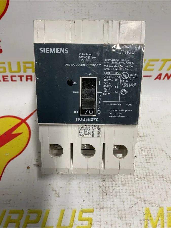 Автоматический выключатель SIEMENS HGB3B070 CIRCUIT BREAKER, 3P/ 70A /480V GOOD  — фото лота 1