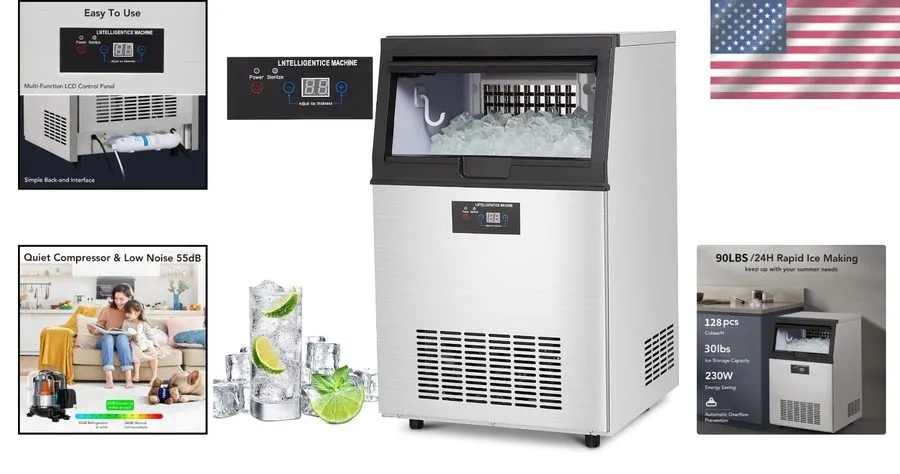 Льдогенератор Commercial Ice Maker Machine, 90lbs/24H Under Counter Ice Maker wi