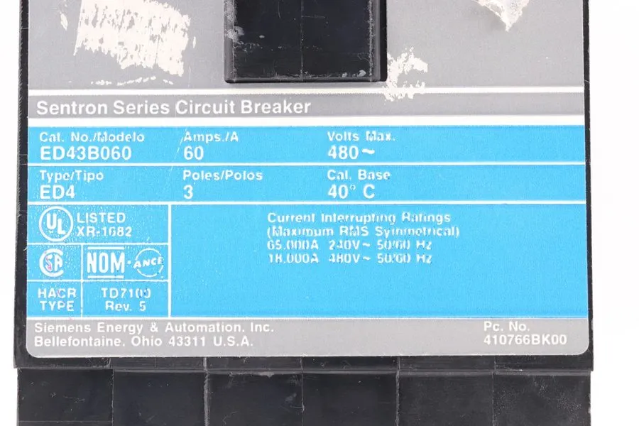 Автоматический выключатель Siemens ED43B060 Sentron Series Circuit Breaker 60A 3