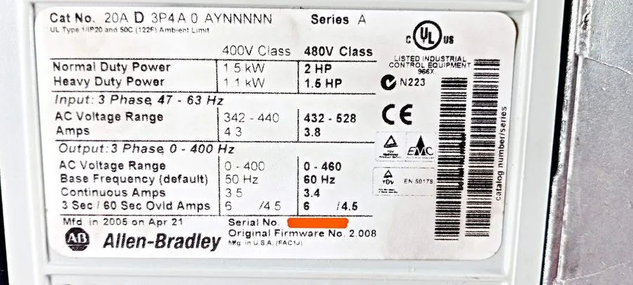 Частотный преобразователь Allen-Bradley PowerFlex 70 AC Drive 20AD3P4A0AYNNNNN 2 — фото лота 1