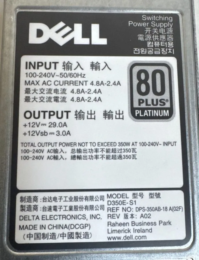 Блок питания Dell D350E-S1 350W Power Supply 80 Plus Platinum PowerEdge 0Y8Y65