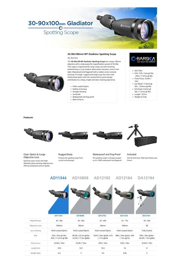 Оборудование видеонаблюдения Barska 30-90x100 WP Gladiator Spotting Scope + Trip — фото лота 2