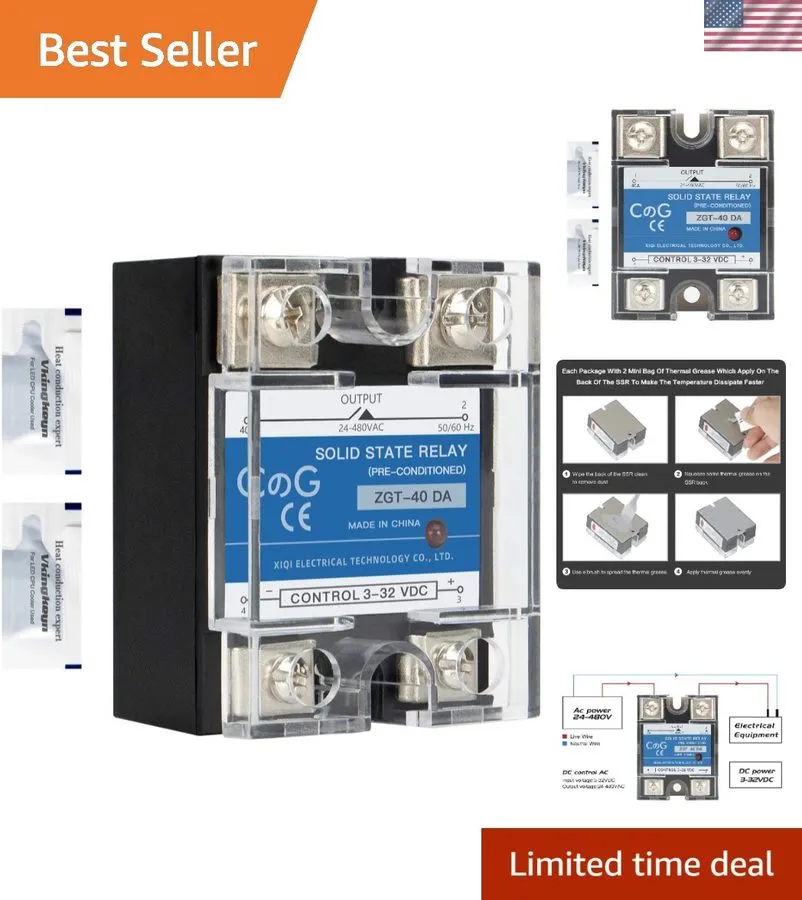 Реле Solid State Relay SSR-40DA, 3-32VDC/24-480VAC, 40A, No Noise, Long Life — фото лота 1