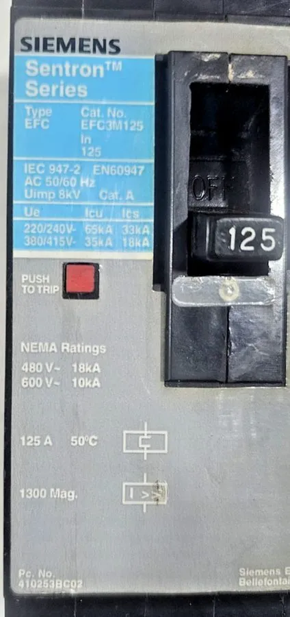 Автоматический выключатель SIEMENS SENTRON SERIES EFC EFC3M125 CIRCUIT BREAKER 3 — фото лота 1