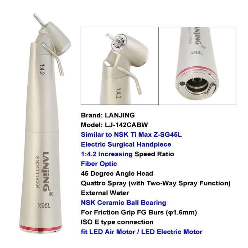 Стоматологический наконечник 45° Angle Surgical Handpiece Dental 1:4.2 Electric  — фото лота 2