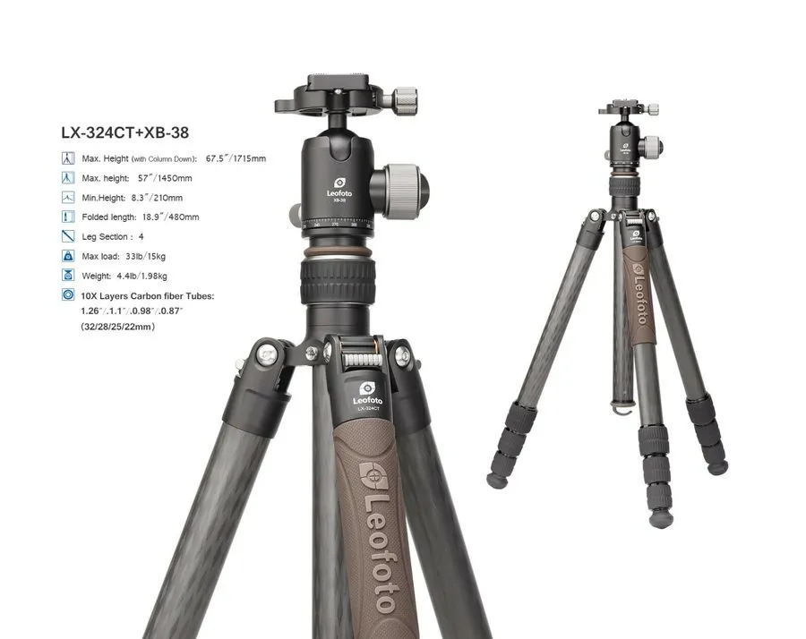 Оборудование видеонаблюдения Leofoto LX-324CT + XB-38 Reversible Travel Tripod w