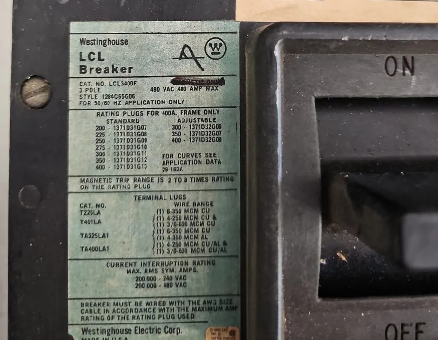 Автоматический выключатель Westinghouse LCL3400F Circuit Breaker 400A Max 480V R