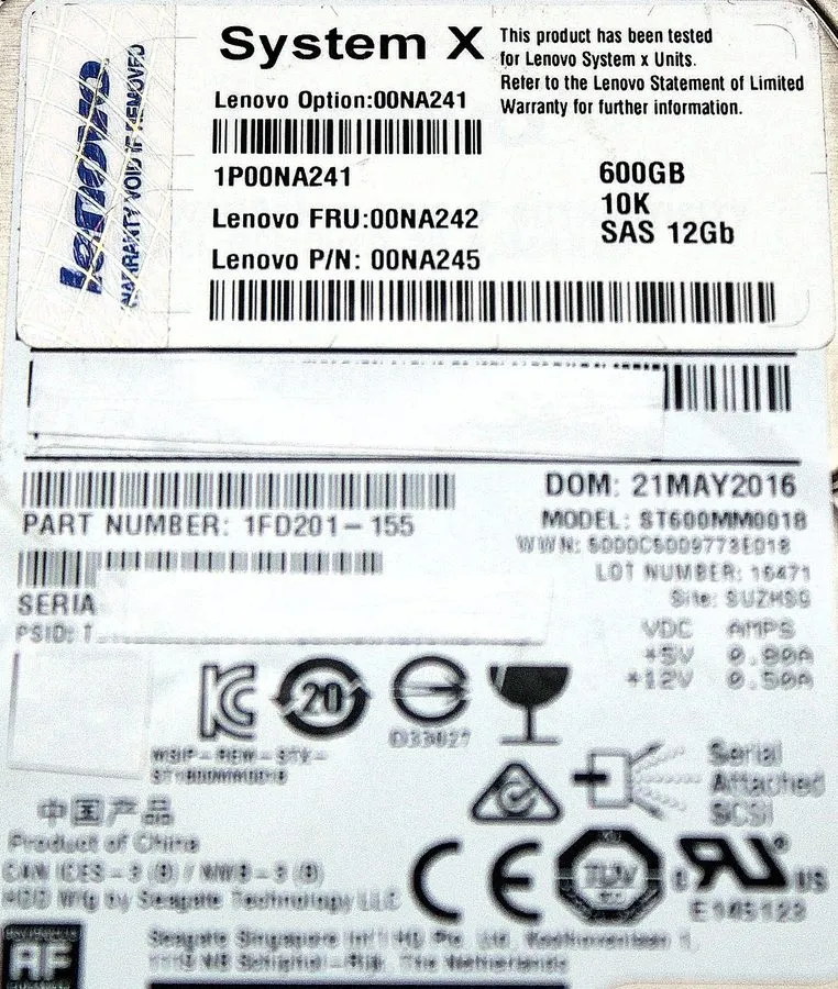 Жёсткий диск IBM / Lenovo 600GB 10K SAS 12Gb/s 2.5" SFF Enterprise HDD 00NA242 S