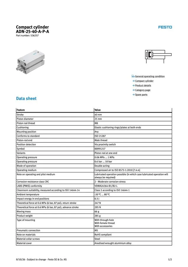 Пневмоцилиндр FESTO ADN-25-40-A-P-A PNEUMATIC CYLINDER — фото лота 2