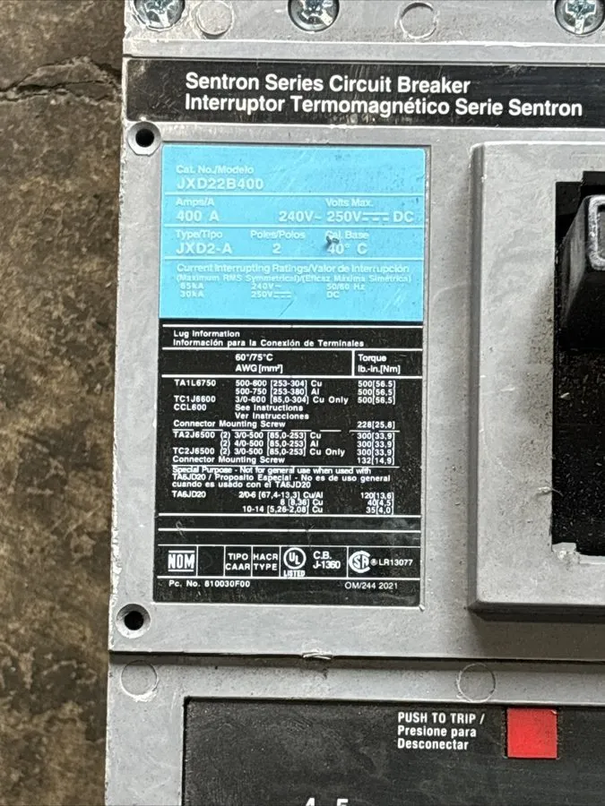 Автоматический выключатель Siemens JXD22B400 400A 2-Pole 240V Sentron Series Cir