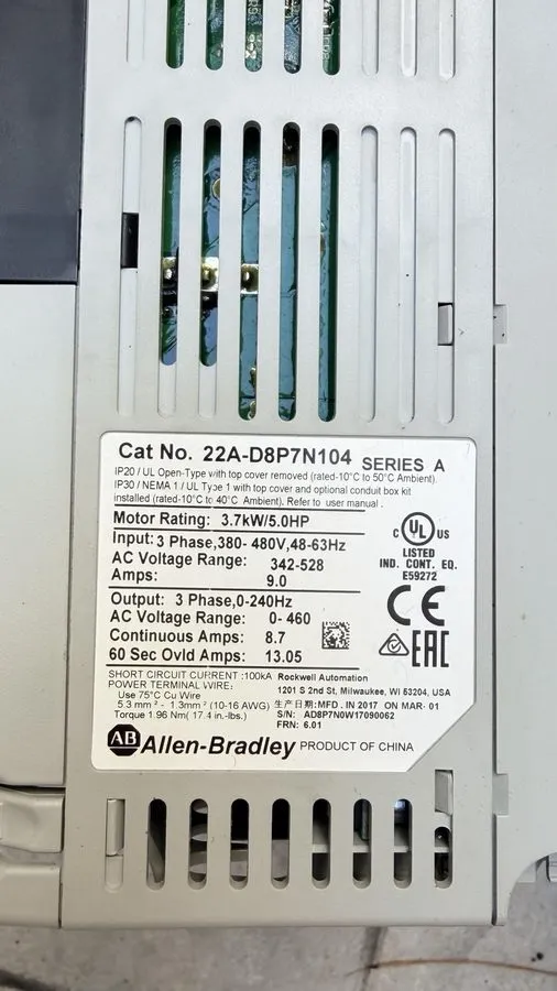 Частотный преобразователь Allen-Bradley 22A-D8P7N104 PowerFlex 4 3.7 kW (5 Hp) A — фото лота 1