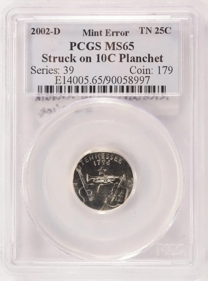 Лабораторный прибор 2002-D 25c Tennessee State Quarter Struck on Clad Dime Planc — фото лота 2