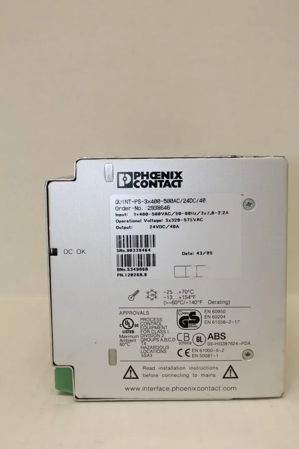 Блок питания PHOENIX CONTACT QUINT POWER PS 3X400-500AC/24DC/40 POWER SUPPLY PN1 — фото лота 1