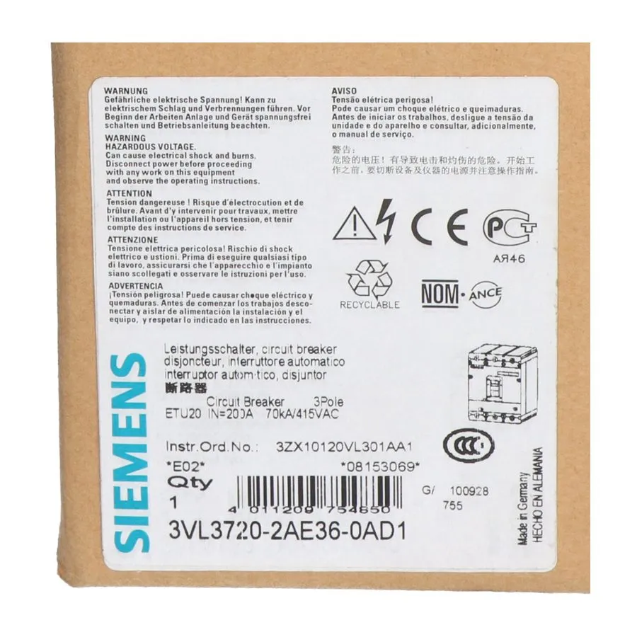 Автоматический выключатель Siemens 3VL3720-2AE36-0AD1 Circuit Breaker VL250H — фото лота 1