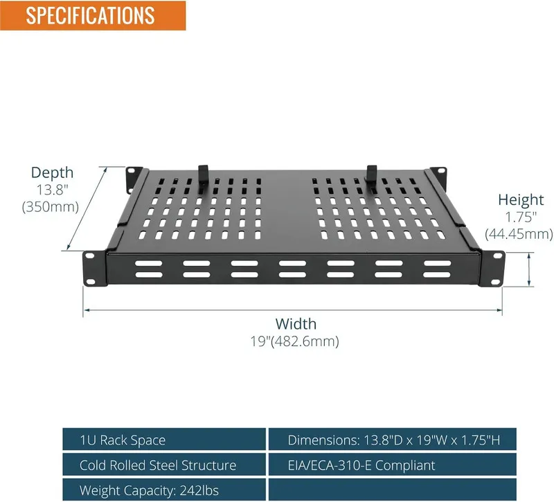 Стойка/шкаф 1U Sliding Rack Shelf,4-Post Vented Rack Mount Shelf,13.8in Deep wit
