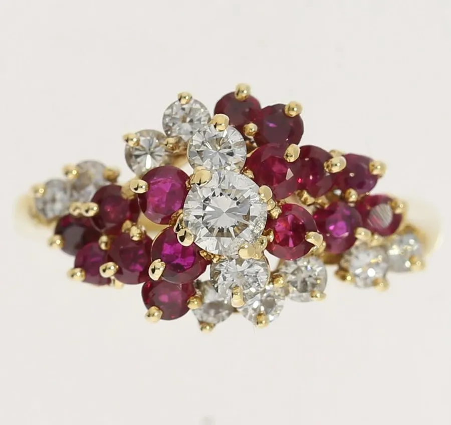 Электронный компонент Diamond Ruby Cascade Cluster Ring 1.40CT 18K Yellow Gold S — фото лота 1