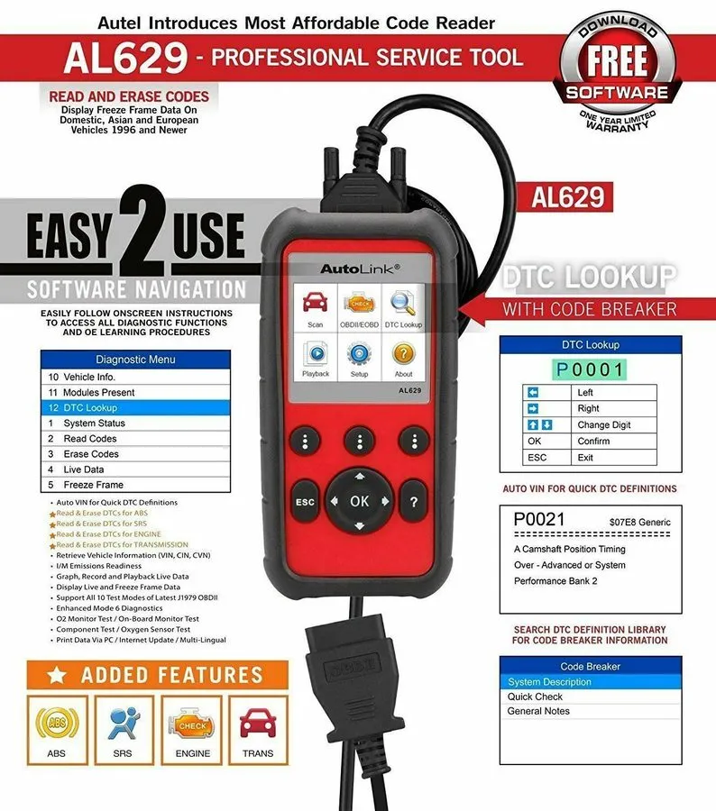 Диагностический сканер Autel AL629 OBD2 Scanner ABS/SRS/Engine/Transmission Diag — фото лота 2