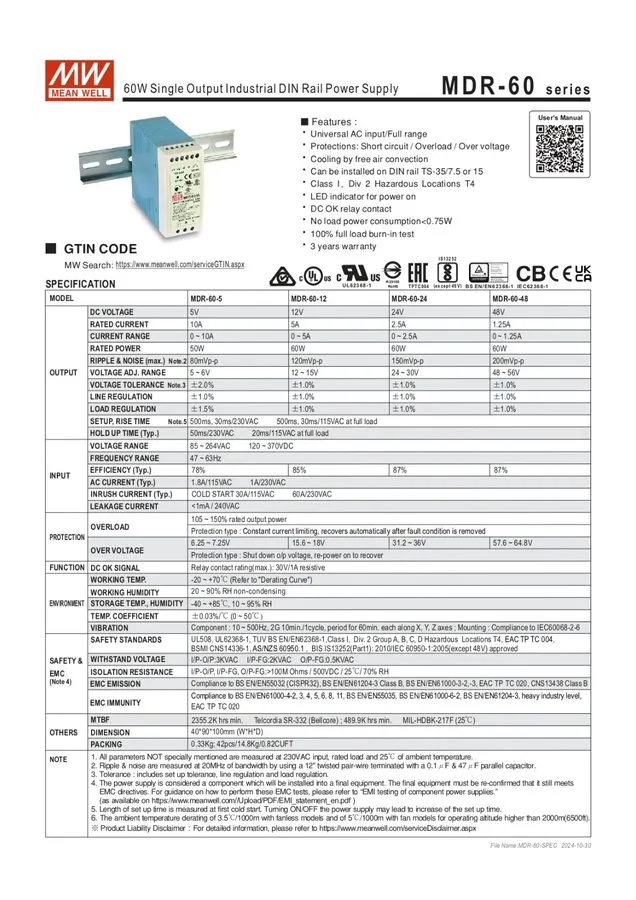 Блок питания MDR-60-48 MEANWELL 60W 48VDC 1.25A 115/230VAC Industrial DIN Rail P — фото лота 1