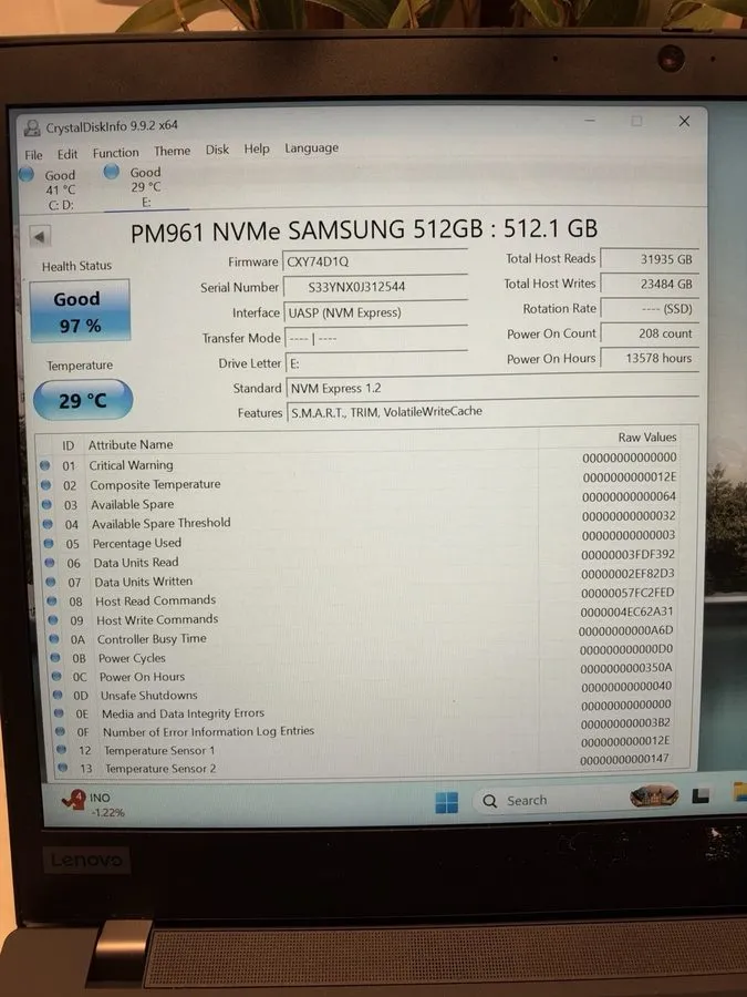 Samsung PM961 512GB NVMe M.2 2280 SSD PCIe 3.0 97% Health
