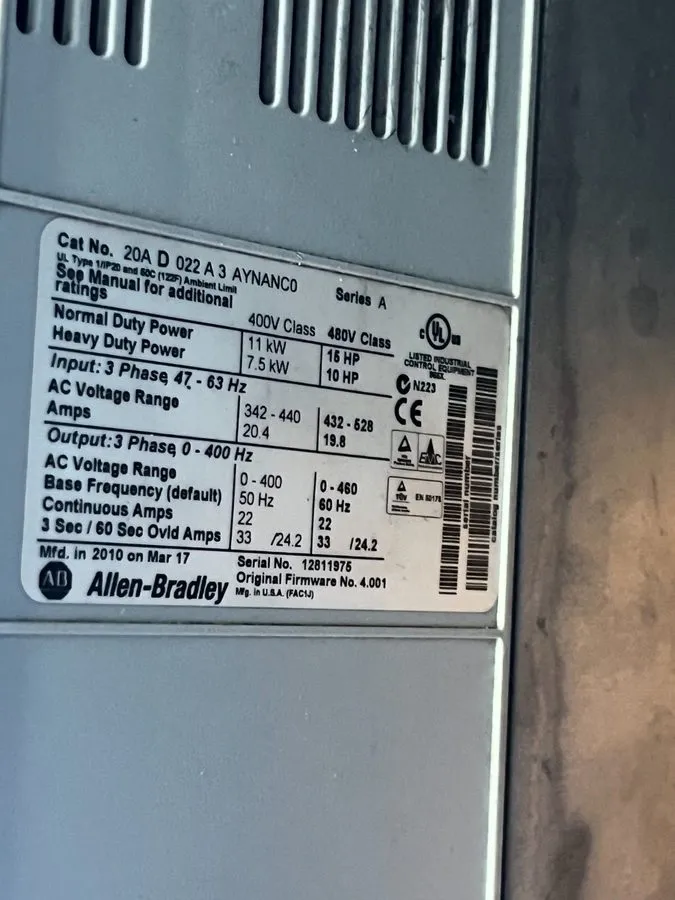 Частотный преобразователь ALLEN BRADLEY 20AD022A3AYNANC0 SER A POWERFLEX 70 DRIV